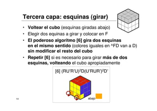 Tercera capa: esquinas (girar)
     • Voltear el cubo (esquinas giradas abajo)
     • Elegir dos equinas a girar y colocar en F
     • El poderoso algoritmo [6] gira dos esquinas
       en el mismo sentido (colores iguales en ^FD van a D)
       sin modificar el resto del cubo
     • Repetir [6] si es necesario para girar más de dos
       esquinas, volteando el cubo apropiadamente
                    [6] (RU’R’U)2D(U’RUR’)2D’




14                                 abajo
 