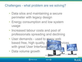 Challenges - what problem are we solving?

  • Data silos and maintaining a secure
    perimeter with legacy design
  • Energy consumption and low system
    usage
  • Increased labour costs and pool of
    professionals spreading and declining
  • User demands - used to many web
    based free, high quality, reliable services
    with great User Interfaces (UI)
  • Data volume growth
 