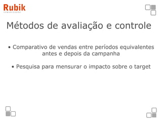 Métodos de avaliação e controle Comparativo de vendas entre períodos equivalentes antes e depois da campanha Pesquisa para mensurar o impacto sobre o target 