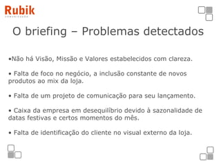 O briefing – Problemas detectados   Não há Visão, Missão e Valores estabelecidos com clareza. Falta de foco no negócio, a inclusão constante de novos produtos ao mix da loja. Falta de um projeto de comunicação para seu lançamento. Caixa da empresa em desequilíbrio devido à sazonalidade de datas festivas e certos momentos do mês.  Falta de identificação do cliente no visual externo da loja. 