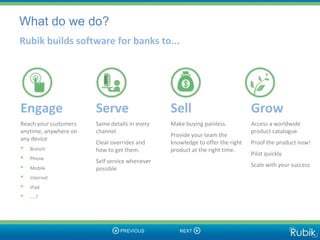 What do we do?
Rubik builds software for banks to...




Engage                 Serve                   Sell                           Grow
Reach your customers   Same details in every   Make buying painless.          Access a worldwide
anytime, anywhere on   channel                                                product catalogue
                                               Provide your team the
any device
                       Clear overrides and     knowledge to offer the right   Proof the product now!
•   Branch             how to get them.        product at the right time.
                                                                              Pilot quickly
•   Phone
                       Self service whenever
•   Mobile
                                                                              Scale with your success
                       possible
•   Internet
•   iPad
•   ....?
 