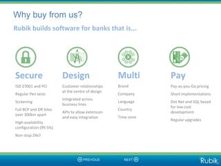 Why buy from us?
Rubik builds software for banks that is...




Secure                  Design                    Multi       Pay
ISO 27001 and PCI       Customer relationships    Brand       Pay-as-you-Go pricing
                        at the centre of design
Regular Pen tests                                 Company     Short implementations
                        Integrated across
Screening                                         Language    Dot Net and SQL based
                        business lines
                                                              for low cost
Full BCP and DR Sites                             Country
                        APIs to allow extension               development
over 300km apart
                        and easy integration      Time-zone
                                                              Regular upgrades
High availability
configuration (99.5%)
Non-stop 24x7
 