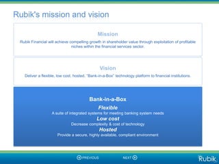 Rubik's mission and vision

                                              Mission
 Rubik Financial will achieve compelling growth in shareholder value through exploitation of profitable
                               niches within the financial services sector.




                                                Vision
   Deliver a flexible, low cost, hosted, “Bank-in-a-Box” technology platform to financial institutions.




                                         Bank-in-a-Box
                                               Flexible
                   A suite of integrated systems for meeting banking system needs
                                              Low cost
                              Decrease complexity & cost of technology
                                               Hosted
                      Provide a secure, highly available, compliant environment
 