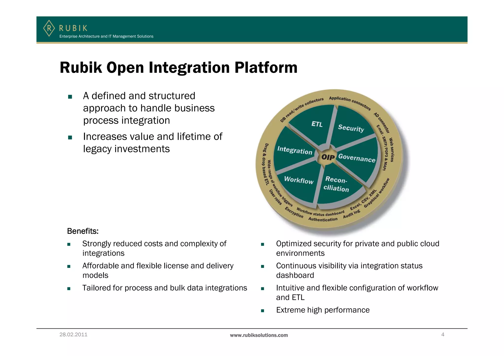 Enterprise Architecture and IT Management Solutions




Rubik Open Integration Platform
            A defined and structured
            approach to handle business
            process integration
            Increases value and lifetime of
            legacy investments




    Benefits:
       Strongly reduced costs and complexity of                        Optimized security for private and public cloud
       integrations                                                    environments
       Affordable and flexible license and delivery                    Continuous visibility via integration status
       models                                                          dashboard
       Tailored for process and bulk data integrations                 Intuitive and flexible configuration of workflow
                                                                       and ETL
                                                                       Extreme high performance

28.02.2011                                            www.rubiksolutions.com                                              4
 