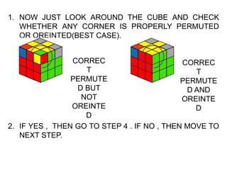 1. NOW JUST LOOK AROUND THE CUBE AND CHECK
WHETHER ANY CORNER IS PROPERLY PERMUTED
OR OREINTED(BEST CASE).
2. IF YES , THEN GO TO STEP 4 . IF NO , THEN MOVE TO
NEXT STEP.
CORREC
T
PERMUTE
D BUT
NOT
OREINTE
D
CORREC
T
PERMUTE
D AND
OREINTE
D
 