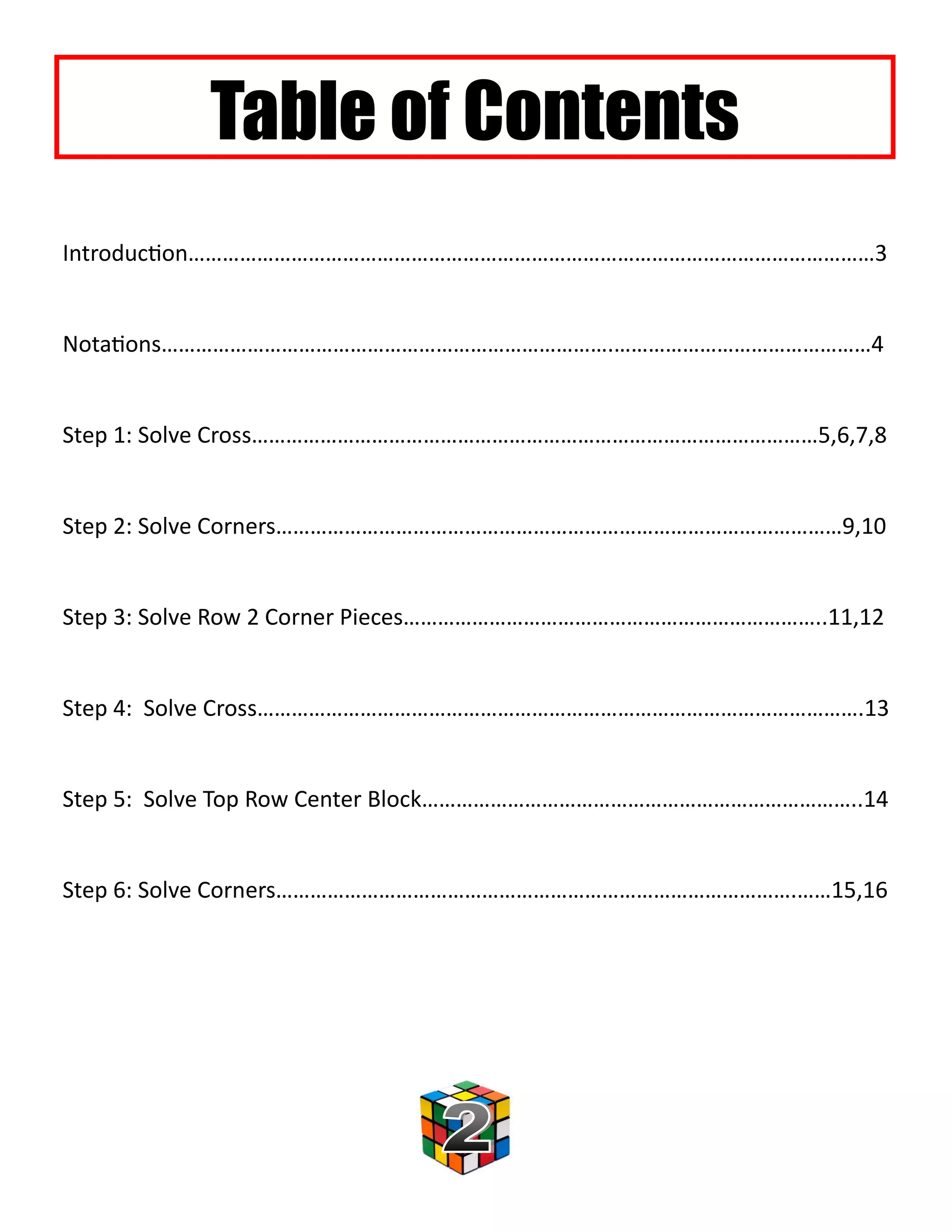 Table of Contents
Introduction…………………………………………………………………………………………………………3


Notations…………………………………………………………………….………………………………………4


Step 1: Solve Cross………………………………………………………………………………………5,6,7,8


Step 2: Solve Corners………………………………………………………………………………………9,10


Step 3: Solve Row 2 Corner Pieces………………………………………………………………..11,12


Step 4: Solve Cross…………………………………………………………………………………………….13


Step 5: Solve Top Row Center Block…………………………………………………………………..14


Step 6: Solve Corners……………………………………………………………………………….……15,16
 