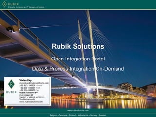 Enterprise Architecture and IT Management Solutions




                                                       Rubik Solutions
                                                       Open Integration Portal
                                 Data & Process Integration On-Demand




                                                                        www.rubiksolutions.com

                                                      Belgium – Denmark – Finland – Netherlands – Norway – Sweden
 