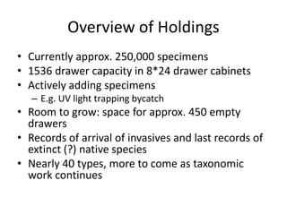 Overview of Holdings
• Currently approx. 250,000 specimens
• 1536 drawer capacity in 8*24 drawer cabinets
• Actively adding specimens
– E.g. UV light trapping bycatch

• Room to grow: space for approx. 450 empty
drawers
• Records of arrival of invasives and last records of
extinct (?) native species
• Nearly 40 types, more to come as taxonomic
work continues

 