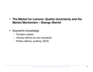 Security Myth #1: The ‘EXPERT’


  The Market for Lemons: Quality Uncertainty and the
  Market Mechanism – George Akerlof

  Asymetric knowledge
  – Complex subject
  – Industry defines its own standards
  – Politics defines ‘auditing’ (SOX)




                   Kernel Hacking: If you really know, you can hack! – http://www.kernelhacking.com/rodrigo   14
 