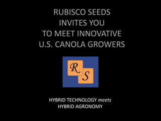 RUBISCO SEEDS
      INVITES YOU
 TO MEET INNOVATIVE
U.S. CANOLA GROWERS




  HYBRID TECHNOLOGY meets
     HYBRID AGRONOMY
 
