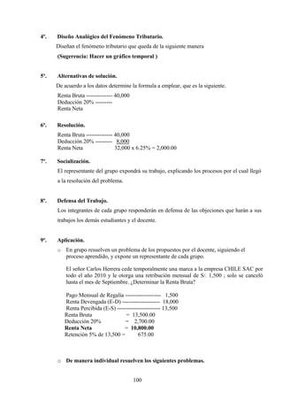4º. Diseño Analógico del Fenómeno Tributario.
Diseñan el fenómeno tributario que queda de la siguiente manera
(Sugerencia: Hacer un gráfico temporal )
5º. Alternativas de solución.
De acuerdo a los datos determine la formula a emplear, que es la siguiente.
Renta Bruta -------------- 40,000
Deducción 20% ---------
Renta Neta
6º. Resolución.
Renta Bruta -------------- 40,000
Deducción 20% --------- 8,000
Renta Neta 32,000 x 6.25% = 2,000.00
7º. Socialización.
El representante del grupo expondrá su trabajo, explicando los procesos por el cual llegó
a la resolución del problema.
8º. Defensa del Trabajo.
Los integrantes de cada grupo responderán en defensa de las objeciones que harán a sus
trabajos los demás estudiantes y el docente.
9º. Aplicación.
o En grupo resuelven un problema de los propuestos por el docente, siguiendo el
proceso aprendido, y expone un representante de cada grupo.
El señor Carlos Herrera cede temporalmente una marca a la empresa CHILE SAC por
todo el año 2010 y le otorga una retribución mensual de S/. 1,500 ; solo se canceló
hasta el mes de Septiembre. ¿Determinar la Renta Bruta?
Pago Mensual de Regalía ------------------- 1,500
Renta Devengada (E-D) -------------------- 18,000
Renta Percibida (E-S) ----------------------- 13,500
Renta Bruta = 13,500.00
Deducción 20% = 2,700.00
Renta Neta = 10,800.00
Retención 5% de 13,500 = 675.00
o De manera individual resuelven los siguientes problemas.
100
 