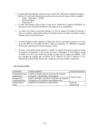 1. La señora Manuela Sánchez recibe una renta vitalicia de 1,000 de la Compañía de Seguros
América S.A. por haber abonado por muchos años una suma de dinero a dicha compañía
Enero – Diciembre = 12,000
Retención Bruta =
Retención 5% =
2. El señor José Enrique López recibe la suma de S/. 40,000 de la empresa FASHION SA
para que no cede una marca de fábrica a una empresa de la competencia.
3. La señora Ana Salas se encuentra afiliada a la CIA de Seguros Pro Salud SA durante 5
años, al cumplirse el plazo del contrato. Pro Salud entrega a la señora Ana Salas el dinero
abonado más un monto adicional:
4. El señor Manuel Castillo adquirió en Marzo del 2010 un inmueble comercial a un valor
de S/.150, 000. En Noviembre del 2011 vende este inmueble a S/. 200,000 a la empresa
KAPA SAC, determinar el monto del pago a cuenta.
5. El señor Cesar García decide prestar S/. 10,000 a la señorita Elizabeth Cevallos sin cobro
de intereses. El préstamo es por un año de Enero a Diciembre, la Tasa Efectiva Anual
(TAMN) es al 26%. Ese mismo año percibe el señor García ingresos de DIRES - S/M
por concepto de regalías por un monto de S/. 5,000 de la cual le retienen el 15%.
Determinar la Renta Bruta, Renta Neta e Impuesto así como el saldo a regularizar.
III. EVALUACIÓN
CRITERIO INDICADORES INSTRUMENTOS
Comprensión de la
información
Analiza conceptos básicos de Rentas de Segunda
Categoría respondiendo a interrogantes.
Lista de cotejo
Indagación y
experimentación
Aplica principios científicos de Rentas de Segunda
Categoría en la resolución de problemas tipo.
Actitud ante el
Área
Disposición cooperativa y democrática. Ficha de
observación.
101
 