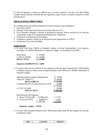 El Libro de Ingresos y Gastos no deberá tener un atraso superior a los diez (10) días hábiles
contados desde el primer día hábil del mes siguiente a aquél en que se emitió el respectivo recibo
por honorarios.
OBLIGACIONES TRIBUTARIAS
Los contribuyentes que obtienen Rentas de Cuarta Categoría están obligados a:
 Inscribirse al RUC
 Entregar recibos por honorarios por servicios mayores a S/.5.
 Si se encuentra obligado a efectuar la declaración mensual, deberá realizarlo en la fecha de
vencimiento, según el Cronograma de Obligaciones Tributarias.
 Comunicar la suspensión de actividades.
 Comunicar cualquier cambio en la información que proporcionó en el RUC.
 Comunicar el cese de actividades.
EJERCICIOS
1) El señor José Soto Cabello es abogado, trabaja en forma independiente y sus ingresos
ascienden a S/ 80,000. Determinar el impuesto a pagar – corresponde al año 2005.
Renta Bruta S/. 80,000
(-) 20% de 80,000 S/. 16,000
RENTA NETA S/. 64,000
Impuesto (64,000x15%)S/. 9,600
2) El señor Carlos Rivera, director de una empresa recibe una dieta mensual de S/ 5,000 además
a obtenido ingresos brutos como contador durante el año 2006 por S/ 80,000. Determinar el
impuesto a pagar.
Remuneración de trabajo independiente S/. 80,000
Dieta (S/. 5,000x12) S/. 60,000
RENTA BRUTA S/.140,000
(-) Deducción 20% (excepto dieta) de la R.B. 16,000
S/.124,000
(-) 7UIT (7x3,400) 23,800
RENTA NETA S/.100,200
Determinación del Impuesto
 Hasta 27UITx3,400 = 91,800x15% = 13,770
 Exceso de 27UIT = 8,400x21% = 1,764
S/.100,200 S/.15,534
Impuesto a pagar = 15,534
3) El señor Julio Granados durante el año 2006 ha percibido rentas de 4ta categoría de acuerdo
al siguiente cuadro.
MES CLIENTE MONTO
120
 