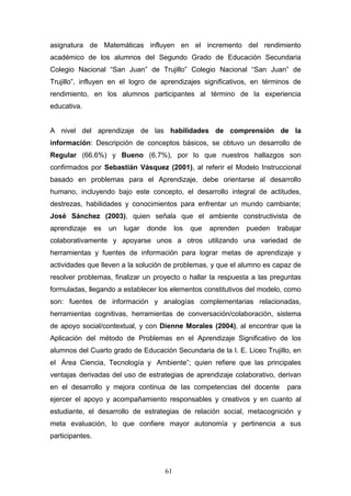 asignatura de Matemáticas influyen en el incremento del rendimiento
académico de los alumnos del Segundo Grado de Educación Secundaria
Colegio Nacional “San Juan” de Trujillo” Colegio Nacional “San Juan” de
Trujillo”, influyen en el logro de aprendizajes significativos, en términos de
rendimiento, en los alumnos participantes al término de la experiencia
educativa.
A nivel del aprendizaje de las habilidades de comprensión de la
información: Descripción de conceptos básicos, se obtuvo un desarrollo de
Regular (66.6%) y Bueno (6.7%), por lo que nuestros hallazgos son
confirmados por Sebastián Vásquez (2001), al referir el Modelo Instruccional
basado en problemas para el Aprendizaje, debe orientarse al desarrollo
humano, incluyendo bajo este concepto, el desarrollo integral de actitudes,
destrezas, habilidades y conocimientos para enfrentar un mundo cambiante;
José Sánchez (2003), quien señala que el ambiente constructivista de
aprendizaje es un lugar donde los que aprenden pueden trabajar
colaborativamente y apoyarse unos a otros utilizando una variedad de
herramientas y fuentes de información para lograr metas de aprendizaje y
actividades que lleven a la solución de problemas, y que el alumno es capaz de
resolver problemas, finalizar un proyecto o hallar la respuesta a las preguntas
formuladas, llegando a establecer los elementos constitutivos del modelo, como
son: fuentes de información y analogías complementarias relacionadas,
herramientas cognitivas, herramientas de conversación/colaboración, sistema
de apoyo social/contextual, y con Dienne Morales (2004), al encontrar que la
Aplicación del método de Problemas en el Aprendizaje Significativo de los
alumnos del Cuarto grado de Educación Secundaria de la I. E. Liceo Trujillo, en
el Área Ciencia, Tecnología y Ambiente”; quien refiere que las principales
ventajas derivadas del uso de estrategias de aprendizaje colaborativo, derivan
en el desarrollo y mejora continua de las competencias del docente para
ejercer el apoyo y acompañamiento responsables y creativos y en cuanto al
estudiante, el desarrollo de estrategias de relación social, metacognición y
meta evaluación, lo que confiere mayor autonomía y pertinencia a sus
participantes.
61
 