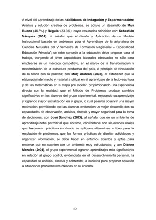 A nivel del Aprendizaje de las habilidades de Indagación y Experimentación:
Análisis y solución creativa de problemas, se obtuvo un desarrollo de Muy
Bueno (46.7%) y Regular (33.3%), cuyos resultados coinciden con: Sebastián
Vásquez (2001), al señalar que el diseño y Aplicación de un Modelo
Instruccional basado en problemas para el Aprendizaje de la asignatura de
Ciencias Naturales del V Semestre de Formación Magisterial – Especialidad
Educación Primaria”; se debe concebir a la educación debe preparar para el
trabajo, otorgando al joven capacidades laborales adecuadas no sólo para
emplearse en un mercado competitivo, en el marco de la transformación y
modernización de la estructura productiva del país, el principio de vinculación
de la teoría con la práctica; con Mary Alarcón (2002), al establecer que la
elaboración del medio y material a utilizar en el aprendizaje de la lecto-escritura
y de las matemáticas en la etapa pre escolar, proporcionando una experiencia
directa con la realidad, que el Método de Problemas produce cambios
significativos en los alumnos del grupo experimental, mejorando su aprendizaje
y logrando mayor socialización en el grupo, lo cual permitió observar una mayor
motivación, permitiendo que las alumnas evidencien un mejor desarrollo des su
capacidades de observación, análisis, síntesis y mayor seguridad para la toma
de decisiones; con José Sánchez (2003), al señalar que en un ambiente de
aprendizaje debe permitir al que aprende, confrontarse con situaciones reales
que favorezcan prácticas en donde se apliquen alternativas críticas para la
resolución de problemas, que las formas prácticas de diseñar actividades y
organizar información, se debe hacer en entornos abiertos y aptos para
entornar que no cuenten con un ambiente muy estructurado; y con Dienne
Morales (2004), el grupo experimental lograron aprendizajes más significativos
en relación al grupo control, evidenciado en el desenvolvimiento personal, la
capacidad de análisis, síntesis y sobretodo, la iniciativa para proponer solución
a situaciones problemáticas creadas en su entorno.
62
 
