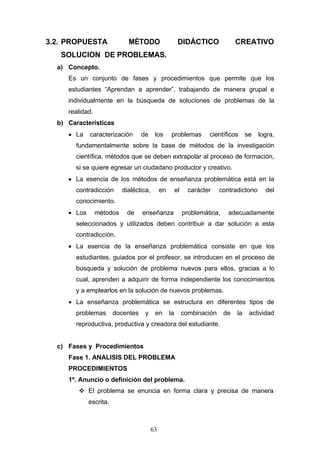 3.2. PROPUESTA MÉTODO DIDÁCTICO CREATIVO
SOLUCION DE PROBLEMAS.
a) Concepto.
Es un conjunto de fases y procedimientos que permite que los
estudiantes “Aprendan a aprender”, trabajando de manera grupal e
individualmente en la búsqueda de soluciones de problemas de la
realidad.
b) Características
• La caracterización de los problemas científicos se logra,
fundamentalmente sobre la base de métodos de la investigación
científica, métodos que se deben extrapolar al proceso de formación,
si se quiere egresar un ciudadano productor y creativo.
• La esencia de los métodos de enseñanza problemática está en la
contradicción dialéctica, en el carácter contradictorio del
conocimiento.
• Los métodos de enseñanza problemática, adecuadamente
seleccionados y utilizados deben contribuir a dar solución a esta
contradicción.
• La esencia de la enseñanza problemática consiste en que los
estudiantes, guiados por el profesor, se introducen en el proceso de
búsqueda y solución de problema nuevos para ellos, gracias a lo
cual, aprenden a adquirir de forma independiente los conocimientos
y a emplearlos en la solución de nuevos problemas.
• La enseñanza problemática se estructura en diferentes tipos de
problemas docentes y en la combinación de la actividad
reproductiva, productiva y creadora del estudiante.
c) Fases y Procedimientos
Fase 1. ANALISIS DEL PROBLEMA
PROCEDIMIENTOS
1º. Anuncio o definición del problema.
 El problema se enuncia en forma clara y precisa de manera
escrita.
63
 