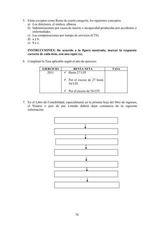 5. Están exceptos como Renta de cuarta categoría, los siguientes conceptos:
a) Los directores, el síndico, albacea.
b) Indemnizaciones por causa de muerte o incapacidad producidas por accidentes o
enfermedades.
c) Las compensaciones por tiempo de servicios (CTS).
d) a y b.
e) b y c.
INSTRUCCIONES: De acuerdo a la figura mostrada; marcar la respuesta
correcta de cada ítem, con una equis (x).
6. Completar la Tasa aplicable según el año de ejercicio:
EJERCICIO RENTA NETA TASA
2011  Hasta 27 UIT
 Por el exceso de 27 hasta
54 UIT.
 Por el exceso de 54 UIT.
7. En el Libro de Contabilidad, especialmente en la primera hoja del libro de ingresos,
el Notario o juez de paz Letrado deberá dejar constancia de la siguiente
información:
76
 