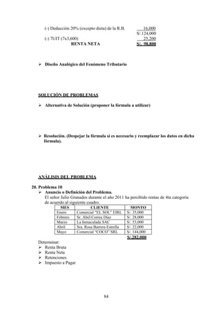 (-) Deducción 20% (excepto dieta) de la R.B. 16,000
S/.124,000
(-) 7UIT (7x3,600) 25,200
RENTA NETA S/. 98,800
 Diseño Analógico del Fenómeno Tributario
SOLUCIÓN DE PROBLEMAS
 Alternativa de Solución (proponer la fórmula a utilizar)
 Resolución. (Despejar la fórmula si es necesario y reemplazar los datos en dicha
fórmula).
ANÁLISIS DEL PROBLEMA
20. Problema 10
 Anuncio o Definición del Problema.
El señor Julio Granados durante el año 2011 ha percibido rentas de 4ta categoría
de acuerdo al siguiente cuadro.
MES CLIENTE MONTO
Enero Comercial “EL SOL” EIRL S/. 35,000
Febrero Sr. Abel Correa Díaz S/. 28,000
Marzo La Inmaculada SAC S/. 53,000
Abril Sra. Rosa Barrera Estrella S/. 22,000
Mayo Comercial “COCO” SRL S/. 144,000
Determinar:
 Renta Bruta
 Renta Neta
 Retenciones
 Impuesto a Pagar
S/.282,000
84
 