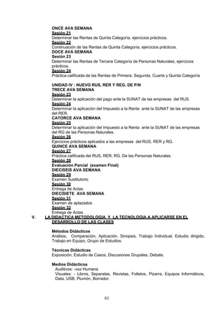 ONCE AVA SEMANA
Sesión 21
Determinar las Rentas de Quinta Categoría, ejercicios prácticos.
Sesión 22
Continuación de las Rentas de Quinta Categoría, ejercicios prácticos.
DOCE AVA SEMANA
Sesión 23
Determinar las Rentas de Tercera Categoría de Personas Naturales, ejercicios
prácticos.
Sesión 24
Práctica calificada de las Rentas de Primera, Segunda, Cuarta y Quinta Categoría
UNIDAD IV : NUEVO RUS, RER Y REG. DE P/N
TRECE AVA SEMANA
Sesión 23
Determinar la aplicación del pago ante la SUNAT de las empresas del RUS.
Sesión 24
Determinar la aplicación del Impuesto a la Renta ante la SUNAT de las empresas
del RER.
CATORCE AVA SEMANA
Sesión 25
Determinar la aplicación del Impuesto a la Renta ante la SUNAT de las empresas
del RG de las Personas Naturales.
Sesión 26
Ejercicios prácticos aplicados a las empresas del RUS, RER y RG.
QUINCE AVA SEMANA
Sesión 27
Práctica calificada del RUS, RER, RG. De las Personas Naturales.
Sesión 28
Evaluación Parcial (examen Final)
DIECISEIS AVA SEMANA
Sesión 29
Examen Sustitutorio
Sesión 30
Entrega de Actas
DIECISIETE AVA SEMANA
Sesión 31
Examen de aplazados
Sesión 32
Entrega de Actas
V. LA DIDACTICA METODOLOGIA Y LA TECNOLOGIA A APLICARSE EN EL
DESARROLLO DE LAS CLASES
Métodos Didácticos
Análisis, Comparación, Aplicación, Sinopsis, Trabajo Individual, Estudio dirigido,
Trabajo en Equipo, Grupo de Estudios.
Técnicas Didácticas
Exposición, Estudio de Casos, Discusiones Grupales, Debate.
Medios Didácticos
Auditivos: -voz Humana
Visuales: - Libros, Separatas, Revistas, Folletos, Pizarra, Equipos Informáticos,
Data, USB, Plumón, Borrador.
93
 