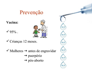 Vacina: 95% . Crianças 12 meses. Mulheres    antes de engravidar    puerpério    pós-aborto Prevenção 