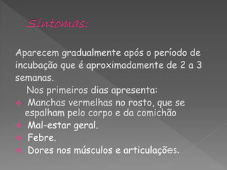 Aparecem gradualmente após o período de
incubação que é aproximadamente de 2 a 3
semanas.
   Nos primeiros dias apresenta:
 Manchas vermelhas no rosto, que se
  espalham pelo corpo e da comichão
 Mal-estar geral.
 Febre.
 Dores nos músculos e articulações.
 