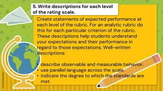 5. Write descriptions for each level
of the rating scale.
Create statements of expected performance at
each level of the rubric. For an analytic rubric do
this for each particular criterion of the rubric.
These descriptions help students understand
your expectations and their performance in
regard to those expectations. Well-written
descriptions:
• describe observable and measurable behavior.
• use parallel language across the scale.
• indicate the degree to which the standards are
met.
 