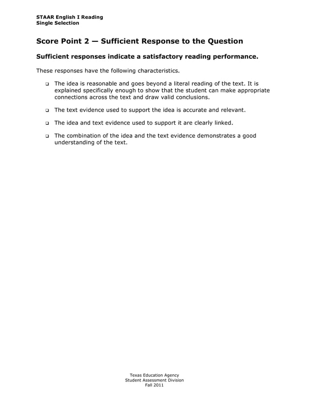 STAAR EOC Short Answer Single Selection Rubric from TEA