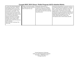 Georgia DOE 2010 Library Media Program Self-Evaluation Rubric
13. One of the national educational      Number of GALILEO searches          Instruction and promotion of              Instruction and promotion of GALILEO will be in
technology goals states: “Effective      by students and staff will be the   GALILEO will be in an organized           an organized manner and conducted on a frequent
and engaging software and on-line        same as the previous year.          manner and conducted on a frequent        basis. . Searches will be conducted in such a way
resources will be an integral part of                                        basis. Number of GALILEO searches         that maximize efficiency and result in a high
every school’s curriculum.” The                                              by students and staff will be more than   quality product Best Practices and Learning
GALILEO on-line service provides                                             the previous year.                        Models that encourage and endorse GALILEO will
Georgia students and teachers access                                                                                   be produced, taught, and shared with other Library
to exceptional on-line resources at no                                                                                 Media Specialists throughout the state. The
cost to the local school district. .                                                                                   Library Media Specialist conducts Staff
Searches performed in GALILEO                                                                                          Development classes with the faculty and staff
databases will exceed one million
annually and the number of full-
content items viewed will exceed one
million annually.
State of Georgia Technology Plan
2003-2006.




                                                                         Georgia Department of Education
                                                                     Kathy Cox, State Superintendent of Schools
                                                                          December 17, 2009 Page 6 of 10
                                                                                All Rights Reserved
 