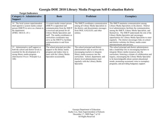 Georgia DOE 2010 Library Media Program Self-Evaluation Rubric
      Target Indicators
Category 4 - Administrative                          Basic                              Proficient                                      Exemplary
Support
14. The local system superintendent      A system media contact person     The SMCP coordinates communication        The SMCP maintains communication among
shall appoint a system media contact     (SMCP) is appointed and           among all Library Media Specialists in    Library Media Specialists in the district. District
person (SMCP) to serve as a liaison to   communication from the SMCP       the district, and disseminates messages   level administrators facilitate the communication
the department.                          is received and posted for all    from DOE, GALILEO, and other              among the SMCP, Library Media Specialists, and
(IFBD, 160-4-4.-.01 )                    Library Media Specialists and     entities.                                 themselves. The SMCP understands the role of the
                                         staff. The media coordinator or                                             Library Media Specialist and encourages
                                         curriculum coordinator may                                                  opportunities for Library Media Specialists to meet
                                         serve as the SMCP to facilitate                                             regularly. The district encourages links on school
                                         communication to and from                                                   and district websites for library media center
                                         DOE.                                                                        announcements and services.
15. Administrative staff support at      The school principal provides     The school principal and district         The school principal and district administrators
both the school and district levels is   support to the library media      administrators take an active role in     take a leadership role in encouraging teachers to
essential for the development of a       program and makes time to         encouraging teachers to integrate         integrate library media resources into the
strong library media program.            meet with the Library Media       library media resources into the          curriculum, fostering a climate of collaboration and
(Information Power; Principle 4, p.      Specialist occasionally.          curriculum. School, department, and       inquiry, encouraging the Library Media Specialist
100)                                                                       district level administrators meet        to be knowledgeable about current educational
                                                                           regularly with the Library Media          trends, promoting occasional visits to exemplary
                                                                           Specialist.                               programs, and providing budgetary support.




                                                                       Georgia Department of Education
                                                                   Kathy Cox, State Superintendent of Schools
                                                                        December 17, 2009 Page 7 of 10
                                                                              All Rights Reserved
 