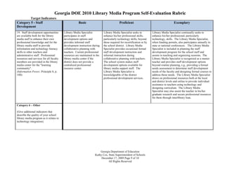 Georgia DOE 2010 Library Media Program Self-Evaluation Rubric
        Target Indicators
Category 5 - Staff                                   Basic                               Proficient                                      Exemplary
Development
19. Staff development opportunities      Library Media Specialist          Library Media Specialist seeks to          Library Media Specialist continually seeks to
are available both for the library       participates in staff             enhance his/her professional skills,       enhance his/her professional, particularly
media staff to enhance their own         development options and           particularly technology skills, beyond     technology, skills. The Library Media Specialist,
professional knowledge and for the       provides informal staff           those required for recertification or by   when funding permits, also participates annually in
library media staff to provide           development instruction during    the school district. Library Media         state or national conferences. The Library Media
information and technology literacy      collaborative planning with       Specialist provides occasional formal      Specialist is included in planning the staff
skills to other teachers and             teachers. Current professional    staff development instruction and          development program for the school staff and
administrative staff. Professional       resources are maintained in the   informal instruction during                assists in teaching and organizing sessions. The
resources and services for all faculty   library media center if the       collaborative planning with teachers.      Library Media Specialist is recognized as a master
members are provided in the library      district does not provide a       The school system makes staff              teacher and provides staff development options
media center for the "learning           centralized professional          development options available for          beyond routine planning, e.g., providing a formal
community".                              resource center.                  library media support staff. The           needs assessment to determine staff development
(Information Power; Principle 8, p.                                        Library Media Specialist is                needs of the faculty and designing formal courses to
100)                                                                       knowledgeable of the district              address those needs. The Library Media Specialist
                                                                           professional development services.         draws on professional resources both at the local
                                                                                                                      and district levels and online to provide individual
                                                                                                                      assistance to teachers using technology and
                                                                                                                      designing curriculum. The Library Media
                                                                                                                      Specialist may also assist the teacher in his/her
                                                                                                                      graduate research and secure professional resources
                                                                                                                      for them through interlibrary loan.

Category 6 – Other

(Give additional indicators that
describe the quality of your school
library media program as it relates to
technology integration)




                                                                        Georgia Department of Education
                                                                    Kathy Cox, State Superintendent of Schools
                                                                         December 17, 2009 Page 9 of 10
                                                                               All Rights Reserved
 
