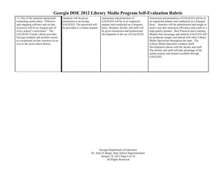 Georgia DOE 2012 Library Media Program Self-Evaluation Rubric
13. One of the national educational      Students will be given            Instruction and promotion of               Instruction and promotion of GALILEO will be in
technology goals states: “Effective      instruction in accessing          GALILEO will be in an organized            an organized manner and conducted on a frequent
and engaging software and on-line        GALILEO. The password will        manner and conducted on a frequent         basis. . Searches will be administered and taught in
resources will be an integral part of    be provided in a timely manner.   basis. Students, faculty, and staff will   such a way that maximize efficiency and result in a
every school’s curriculum.” The                                            be given instruction and professional      high quality product Best Practices and Learning
GALILEO Virtual Library provides                                           development in the use of GALILEO.         Models that encourage and endorse GALILEO will
Georgia students and teachers access                                                                                  be produced, taught, and shared with other Library
to exceptional on-line resources at no                                                                                Media Specialists throughout the state. The
cost to the local school district. .                                                                                  Library Media Specialist conducts Staff
                                                                                                                      Development classes with the faculty and staff.
                                                                                                                      The faculty and staff will take advantage of the
                                                                                                                      online courses and lessons available through
                                                                                                                      GALILEO.




                                                                        Georgia Department of Education
                                                                 Dr. John D. Barge, State School Superintendent
                                                                         January 18, 2012 Page 6 of 10
                                                                              All Rights Reserved
 