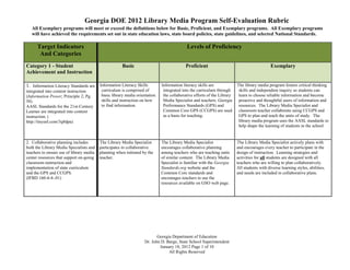 Georgia DOE 2012 Library Media Program Self-Evaluation Rubric
   All Exemplary programs will meet or exceed the definitions below for Basic, Proficient, and Exemplary programs. All Exemplary programs
   will have achieved the requirements set out in state education laws, state board policies, state guidelines, and selected National Standards.

      Target Indicators                                                                    Levels of Proficiency
       And Categories
Category 1 - Student                                  Basic                                Proficient                                        Exemplary
Achievement and Instruction

1. Information Literacy Standards are Information Literacy Skills            Information literacy skills are             The library media program fosters critical thinking
integrated into content instruction        curriculum is comprised of         integrated into the curriculum through      skills and independent inquiry so students can
(Information Power; Principle 2; Pg.       basic library media orientation    the collaborative efforts of the Library    learn to choose reliable information and become
58)                                        skills and instruction on how      Media Specialist and teachers. Georgia      proactive and thoughtful users of information and
AASL Standards for the 21st-Century        to find information.               Performance Standards (GPS) and             resources. The Library Media Specialist and
Learner are integrated into content                                           Common Core GPS (CCGPS) are used            classroom teacher collaborate using CCGPS and
instruction. (                                                                as a basis for teaching.                    GPS to plan and teach the units of study. The
http://tinyurl.com/3q8dpa)                                                                                                library media program uses the AASL standards to
                                                                                                                          help shape the learning of students in the school


2. Collaborative planning includes        The Library Media Specialist       The Library Media Specialist                The Library Media Specialist actively plans with
both the Library Media Specialists and    participates in collaborative      encourages collaborative planning           and encourages every teacher to participate in the
teachers to ensure use of library media   planning when initiated by the     among teachers who are teaching units       design of instruction. Learning strategies and
center resources that support on-going    teacher.                           of similar content. The Library Media       activities for all students are designed with all
classroom instruction and                                                    Specialist is familiar with the Georgia     teachers who are willing to plan collaboratively.
implementation of state curriculum                                           Standards.org website and the               All students with diverse learning styles, abilities,
and the GPS and CCGPS.                                                       Common Core standards and                   and needs are included in collaborative plans.
(IFBD 160-4-4-.01)                                                           encourages teachers to use the
                                                                             resources available on GSO web page.




                                                                          Georgia Department of Education
                                                                   Dr. John D. Barge, State School Superintendent
                                                                           January 18, 2012 Page 1 of 10
                                                                                All Rights Reserved
 