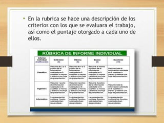 • En la rubrica se hace una descripción de los 
criterios con los que se evaluara el trabajo, 
así como el puntaje otorgado a cada uno de 
ellos. 
 