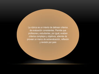 La rúbrica es un intento de delinear criterios
de evaluación consistentes. Permite que
profesores y estudiantes, por igual, evalúen
criterios complejos y objetivos, además de
proveer un marco de autoevaluación, reflexión
y revisión por pare
 