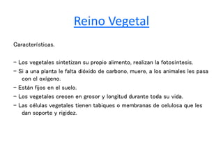 Reino Vegetal 
Características. 
- Los vegetales sintetizan su propio alimento, realizan la fotosíntesis. 
- Si a una planta le falta dióxido de carbono, muere, a los animales les pasa 
con el oxígeno. 
- Están fijos en el suelo. 
- Los vegetales crecen en grosor y longitud durante toda su vida. 
- Las células vegetales tienen tabiques o membranas de celulosa que les 
dan soporte y rigidez. 
 