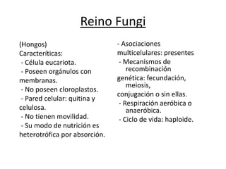 Reino Fungi 
(Hongos) 
Caracteríticas: 
- Célula eucariota. 
- Poseen orgánulos con 
membranas. 
- No poseen cloroplastos. 
- Pared celular: quitina y 
celulosa. 
- No tienen movilidad. 
- Su modo de nutrición es 
heterotrófica por absorción. 
- Asociaciones 
multicelulares: presentes 
- Mecanismos de 
recombinación 
genética: fecundación, 
meiosis, 
conjugación o sin ellas. 
- Respiración aeróbica o 
anaeróbica. 
- Ciclo de vida: haploide. 
 