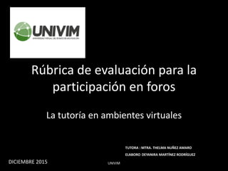 Rúbrica de evaluación para la
participación en foros
La tutoría en ambientes virtuales
UNIVIM
TUTORA : MTRA. THELMA NUÑEZ AMARO
ELABORO DEYANIRA MARTÍNEZ RODRÍGUEZ
DICIEMBRE 2015
 
