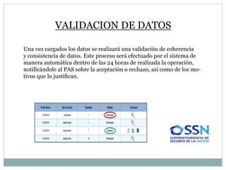 VALIDACION DE DATOS
Una vez cargados los datos se realizará una validación de coherencia
y consistencia de datos. Este proceso será efectuado por el sistema de
manera automática dentro de las 24 horas de realizada la operación,
notificándole al PAS sobre la aceptación o rechazo, así como de los mo-
tivos que lo justifican.
 