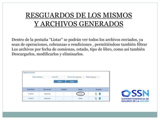RESGUARDOS DE LOS MISMOS
Y ARCHIVOS GENERADOS
Dentro de la pestaña “Listar” se podrán ver todos los archivos enviados, ya
sean de operaciones, cobranzas o rendiciones , permitiéndose también filtrar
Los archivos por fecha de comienzo, estado, tipo de libro, como así también
Descargarlos, modificarlos y eliminarlos.
 