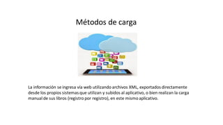 Métodos de carga
La información se ingresa vía web utilizando archivos XML, exportados directamente
desde los propios sistemas que utilizan y subidos al aplicativo, o bien realizan la carga
manual de sus libros (registro por registro), en este mismoaplicativo.
 