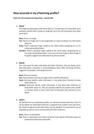 How accurate is my eTwinning profile?
Rubric for self-evaluation by Diego Rojas – Spanish NSS
1. IMAGE
The image we choose gives information about us. In eTwinning, as in many other social
networks, profiles which include an image get more hits and interactions than those
which don’t.
None: There’s no image.
Fair: There’s an image, but I’m not recognizable or it does not deliver any information
about me.
Good: There’s a personal image –edited or not- which allows recognizing me, or I’m
using a personalized avatar.
Excellent: There’s a personal image –edited or not- which allows recognizing me, or
I’m using a personalized avatar. In any case, the main image or other images in
my gallery suggest some ideas about my personal profile.
2. BOARD
This is the space for direct interaction with other eTwinners. Here we display up-to-
date information: comments or recommendations about other eTwinning activities,
suggestions for projects, interesting resources…
None: There are no posts.
Fair: There are posts, but they are vague, with no specific information.
Good: Posts give specific, useful information. It may allow other eTwinners to know
better about me.
Excellent: Posts give specific, useful information. It may allow other eTwinners to
know better about me. They are specially useful for any teacher with a profile
or interests similar to mine. They invite to interaction and comments on my
board.
3. ABOUT…
We describe here our professional profile, our interests and main work lines. Even if it
can be edited, the information delivered is supposed to be estable in the short term.
We should include key words which allow us to be searched. It is convenient to use all
languages we want to use to communicate with other eTwinners.
None: There is no description.
Fair: There is a description, but it does not deliver much specific information about my
professional preferences and profile.
 