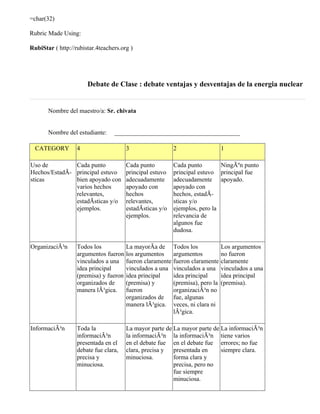 =char(32)

Rubric Made Using:

RubiStar ( http://rubistar.4teachers.org )




                       Debate de Clase : debate ventajas y desventajas de la energia nuclear


       Nombre del maestro/a: Sr. chivata


       Nombre del estudiante:     ________________________________________

  CATEGORY         4                   3                  2                    1

Uso de         Cada punto              Cada punto         Cada punto        NingÃºn punto
Hechos/EstadÃ- principal estuvo        principal estuvo   principal estuvo principal fue
sticas         bien apoyado con        adecuadamente      adecuadamente apoyado.
               varios hechos           apoyado con        apoyado con
               relevantes,             hechos             hechos, estadÃ-
               estadÃsticas y/o        relevantes,        sticas y/o
               ejemplos.               estadÃsticas y/o   ejemplos, pero la
                                       ejemplos.          relevancia de
                                                          algunos fue
                                                          dudosa.

OrganizaciÃ³n      Todos los          La mayorÃa de       Todos los            Los argumentos
                   argumentos fueron los argumentos       argumentos           no fueron
                   vinculados a una fueron claramente     fueron claramente    claramente
                   idea principal     vinculados a una    vinculados a una     vinculados a una
                   (premisa) y fueron idea principal      idea principal       idea principal
                   organizados de     (premisa) y         (premisa), pero la   (premisa).
                   manera lÃ³gica. fueron                 organizaciÃ³n no
                                      organizados de      fue, algunas
                                      manera lÃ³gica.     veces, ni clara ni
                                                          lÃ³gica.

InformaciÃ³n       Toda la             La mayor parte de La mayor parte de La informaciÃ³n
                   informaciÃ³n        la informaciÃ³n la informaciÃ³n tiene varios
                   presentada en el    en el debate fue en el debate fue errores; no fue
                   debate fue clara,   clara, precisa y  presentada en     siempre clara.
                   precisa y           minuciosa.        forma clara y
                   minuciosa.                            precisa, pero no
                                                         fue siempre
                                                         minuciosa.
 