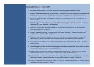 LENGUA CASTELLANA Y LITERATURA
1. Comprender discursos orales y escritos en los diversos contextos de la actividad social y cultural.
2. Utilizar la lengua para expresarse de forma coherente y adecuada en los diversos contextos de la actividad social
y cultural, para tomar conciencia de los propios sentimientos e ideas y para controlar la propia conducta.
3. Conocer la realidad plurilingüe de España y las variedades del castellano y valorar esta diversidad como una
riqueza cultural.
4. Utilizar la lengua oral en la actividad social y cultural de forma adecuada a las distintas situaciones y funciones,
adoptando una actitud respetuosa y de cooperación.
5. Emplear las diversas clases de escritos mediante los que se produce la comunicación con las instituciones
públicas, privadas y de la vida laboral.
6. Utilizar la lengua eficazmente en la actividad escolar para buscar, seleccionar y procesar información y para
redactar textos propios del ámbito académico.
7. Utilizar con progresiva autonomía y espíritu crítico los medios de comunicación social y las tecnologías de la
información para obtener, interpretar y valorar informaciones de diversos tipos y opiniones diferentes.
8. Hacer de la lectura fuente de placer, de enriquecimiento personal y de conocimiento del mundo y consolidar
hábitos lectores.
9. Comprender textos literarios utilizando conocimientos básicos sobre las convenciones de cada género, los temas
y motivos de la tradición literaria y los recursos estilísticos.
10. Aproximarse al conocimiento de muestras relevantes del patrimonio literario y valorarlo como un modo de
simbolizar la experiencia individual y colectiva en diferentes contextos histórico-culturales.
11. Aplicar con cierta autonomía los conocimientos sobre la lengua y las normas del uso lingüístico para comprender
textos orales y escritos y para escribir y hablar con adecuación, coherencia, cohesión y corrección.
12. Analizar los diferentes usos sociales de las lenguas para evitar los estereotipos lingüísticos que suponen juicios de
valor y prejuicios clasistas, racistas o sexistas.
 