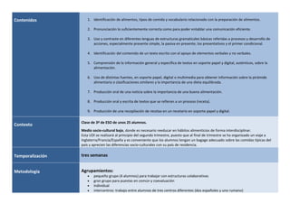 Contenidos 1. Identificación de alimentos, tipos de comida y vocabulario relacionado con la preparación de alimentos.
2. Pronunciación lo suficientemente correcta como para poder entablar una comunicación eficiente.
3. Uso y contraste en diferentes lenguas de estructuras gramaticales básicas referidas a procesos y desarrollo de
acciones, especialmente presente simple, la pasiva en presente, los presentativos y el primer condicional.
4. Identificación del contenido de un texto escrito con el apoyo de elementos verbales y no verbales.
5. Comprensión de la información general y específica de textos en soporte papel y digital, auténticos, sobre la
alimentación.
6. Uso de distintas fuentes, en soporte papel, digital o multimedia para obtener información sobre la pirámide
alimentaria o clasificaciones similares y la importancia de una dieta equilibrada.
7. Producción oral de una noticia sobre la importancia de una buena alimentación.
8. Producción oral y escrita de textos que se refieran a un proceso (receta).
9. Producción de una recopilación de recetas en un recetario en soporte papel y digital.
Contexto
Clase de 3º de ESO de unos 25 alumnos.
Medio socio-cultural bajo, donde es necesario reeducar en hábitos alimenticios de forma interdisciplinar.
Esta UDI se realizará al principio del segundo trimestre, puesto que al final de trimestre se ha organizado un viaje a
Inglaterra/Francia/España y es conveniente que los alumnos tengan un bagage adecuado sobre las comidas típicas del
país y aprecien las diferencias socio-culturales con su país de residencia.
Temporalización tres semanas
Metodología Agrupamientos:
• pequeño grupo (4 alumnos) para trabajar con estructuras colaborativas
• gran grupo para puestas en común y coevaluación
• individual
• intercentros: trabajo entre alumnos de tres centros diferentes (dos españoles y uno rumano)
 