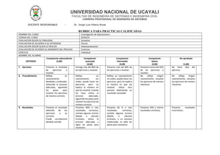 UNIVERSIDAD NACIONAL DE UCAYALI
FACULTAD DE INGENIERÍA DE SISTEMAS E INGENIERÍA CIVIL
CARRERA PROFESIONAL DE INGENIERÍA DE SISTEMAS
DOCENTE RESPONSABLE : Dr. Jorge Luis Hilario Rivas
RUBRICA PARA PRACTICAS CALIFICADAS
NOMBRE DEL CURSO Investigación de Operaciones I
CODIGO DEL CURSO EEIDO14
EVALUACION SEGÚN SU FINALIDAD Sumativa
EVALUACION DE ACUERDO A SU EXTENSION Parcial
EVALUACION SEGÚN QUIEN LO REALIZA Heteroevaluación
EVALUACION DE ACUERDO AL MOMENTO DEL PROCESO Continua
EJERCICIO Individual
NOMBRE DEL ALUMNO
CRITERIOS
Competente sobresaliente
(5,00)
Competente
avanzado
(4,00)
Competente
intermedio
(3,00)
Competente
básico
(2,00)
No aprobado
(1,00)
1. Ejercicios Presenta la totalidad
de ejercicios a
resolver.
Entrega más del 80% de
los ejercicios a resolver.
Presenta más del 60% de
los ejercicios a resolver.
Presenta menos del 50%
de los ejercicios a
resolver.
No tiene idea del
ejercicio.
2. Procedimiento. Refleja un
razonamiento
detallado y ordenado,
utilizando el proceso
adecuado, siguiendo
los pasos para
resolver los ejercicios
de manera correcta.
Refleja un
razonamiento sin
orden, puede hacer los
ejercicios, pero no
explica la manera en
que los resolvió. Cuando
los hace utiliza el
proceso adecuado,
siguiendo los pasos para
resolver los ejercicios de
manera correcta.
Refleja un razonamiento
sin orden, puede hacer los
ejercicios, pero no explica
la manera en que los
resolvió. Utiliza otro
proceso obteniendo un
resultado razonable
No refleja ningún
razonamiento, resuelve
los ejercicios de manera
mecánica.
No refleja ningún
razonamiento, resuelve
los ejercicios de manera
mecánica.
3. Resultados. Presenta el resultado
obtenido de los
ejercicios y es
correcto.
Puede corroborarlo
dándole sentido
Presenta 80% o más
resultados correctos,
comete algunos errores
debido a cálculos
erróneos, utiliza el
proceso adecuado y
sigue los pasos para
resolverlo.
Presenta 60 % o más
resultados correctos,
comete algunos errores
debido a cálculos
erróneos, y un proceso
inadecuado, se salta los
pasos para resolverlo.
Presenta 50% o menos
resultados correctos,
Presenta resultados
incorrectos,
 