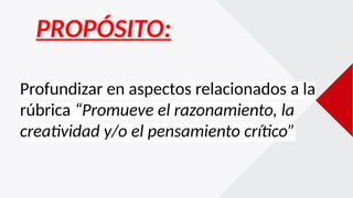 Profundizar en aspectos relacionados a la
rúbrica “Promueve el razonamiento, la
creatividad y/o el pensamiento crítico”
PROPÓSITO:
 