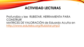 ACTIVIDAD LECTURAS 
Profundiza y lee RUBISTAR, HERRAMIENTA PARA CONSTRUIRMATRICES DE VALORACIÓN de Eduardo Acuña en http://www.eduteka.org/Rubistar.php3 
10 
