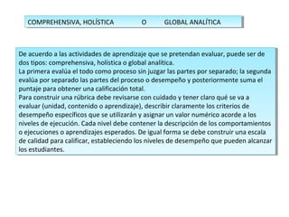De acuerdo a las actividades de aprendizaje que se pretendan evaluar, puede ser de
dos tipos: comprehensiva, holística o global analítica.
La primera evalúa el todo como proceso sin juzgar las partes por separado; la segunda
evalúa por separado las partes del proceso o desempeño y posteriormente suma el
puntaje para obtener una calificación total.
Para construir una rúbrica debe revisarse con cuidado y tener claro qué se va a
evaluar (unidad, contenido o aprendizaje), describir claramente los criterios de
desempeño específicos que se utilizarán y asignar un valor numérico acorde a los
niveles de ejecución. Cada nivel debe contener la descripción de los comportamientos
o ejecuciones o aprendizajes esperados. De igual forma se debe construir una escala
de calidad para calificar, estableciendo los niveles de desempeño que pueden alcanzar
los estudiantes.
De acuerdo a las actividades de aprendizaje que se pretendan evaluar, puede ser de
dos tipos: comprehensiva, holística o global analítica.
La primera evalúa el todo como proceso sin juzgar las partes por separado; la segunda
evalúa por separado las partes del proceso o desempeño y posteriormente suma el
puntaje para obtener una calificación total.
Para construir una rúbrica debe revisarse con cuidado y tener claro qué se va a
evaluar (unidad, contenido o aprendizaje), describir claramente los criterios de
desempeño específicos que se utilizarán y asignar un valor numérico acorde a los
niveles de ejecución. Cada nivel debe contener la descripción de los comportamientos
o ejecuciones o aprendizajes esperados. De igual forma se debe construir una escala
de calidad para calificar, estableciendo los niveles de desempeño que pueden alcanzar
los estudiantes.
COMPREHENSIVA, HOLÍSTICA O GLOBAL ANALÍTICACOMPREHENSIVA, HOLÍSTICA O GLOBAL ANALÍTICA
 