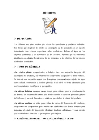 RÚBRICAS
 DEFINICIÓN
Las rúbricas son guías precisas que valoran los aprendizajes y productos realizados.
Son tablas que desglosan los niveles de desempeño de los estudiantes en un aspecto
determinado, con criterios específicos sobre rendimiento. Indican el logro de los
objetivos curriculares y las expectativas de los docentes. Permiten que los estudiantes
identifiquen con claridad la relevancia de los contenidos y los objetivos de los trabajos
académicos establecidos.
 TIPOS DE RÚBRICA
-La rúbrica global, comprehensiva u holística hace una valoración integrada del
desempeño del estudiante, sin determinar los componentes del proceso o tema evaluado.
Se trata de una valoración general con descriptores correspondientes a niveles de logro
sobre calidad, comprensión o dominio globales. Cada nivel se define claramente para
que los estudiantes identifiquen lo que significa.
-La rúbrica holística demanda menor tiempo para calificar, pero la retroalimentación
es limitada. Es recomendable utilizar esta rúbrica cuando se desea un panorama general
de los logros, y una sola dimensión es suficiente para definir la calidad del producto.
-La rúbrica analítica se utiliza para evaluar las partes del desempeño del estudiante,
desglosando sus componentes para obtener una calificación total. Puede utilizarse para
determinar el estado del desempeño, identificar fortalezas, debilidades, y para permitir
que los estudiantes conozcan lo que requieren para mejorar.
 LA RÚBRICA PRESENTA TRES CARACTERÍSTICAS CLAVE:
 