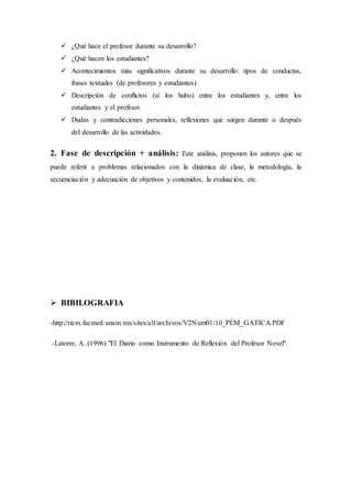  ¿Qué hace el profesor durante su desarrollo?
 ¿Qué hacen los estudiantes?
 Acontecimientos más significativos durante su desarrollo: tipos de conductas,
frases textuales (de profesores y estudiantes).
 Descripción de conflictos (sí los hubo) entre los estudiantes y, entre los
estudiantes y el profesor.
 Dudas y contradicciones personales, reflexiones que surgen durante o después
del desarrollo de las actividades.
2. Fase de descripción + análisis: Este análisis, proponen los autores que se
puede referir a problemas relacionados con la dinámica de clase, la metodología, la
secuenciación y adecuación de objetivos y contenidos, la evaluación, etc.
 BIBILOGRAFIA
-http://riem.facmed.unam.mx/sites/all/archivos/V2Num01/10_PEM_GATICA.PDF
-Latorre, A. (1996) "El Diario como Instrumento de Reflexión del Profesor Novel".
 